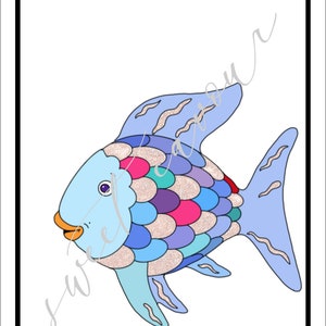May include: A blue fish with colourful scales and a white background. The fish has a large, round eye and a small mouth.