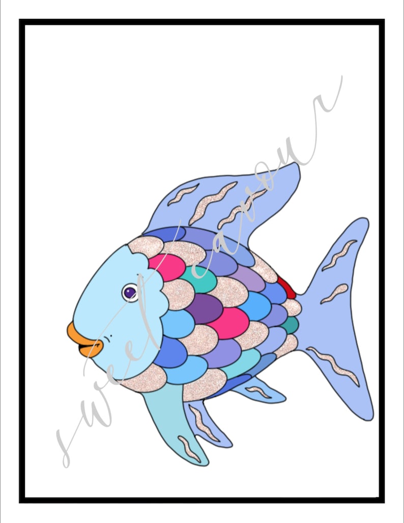 May include: A blue fish with colourful scales and a white background. The fish has a large, round eye and a small mouth.