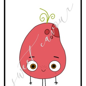 May include: A cartoon illustration of a red, pear-shaped character with a green stem, two brown eyes, and a small smile. The character has two small black legs and arms.