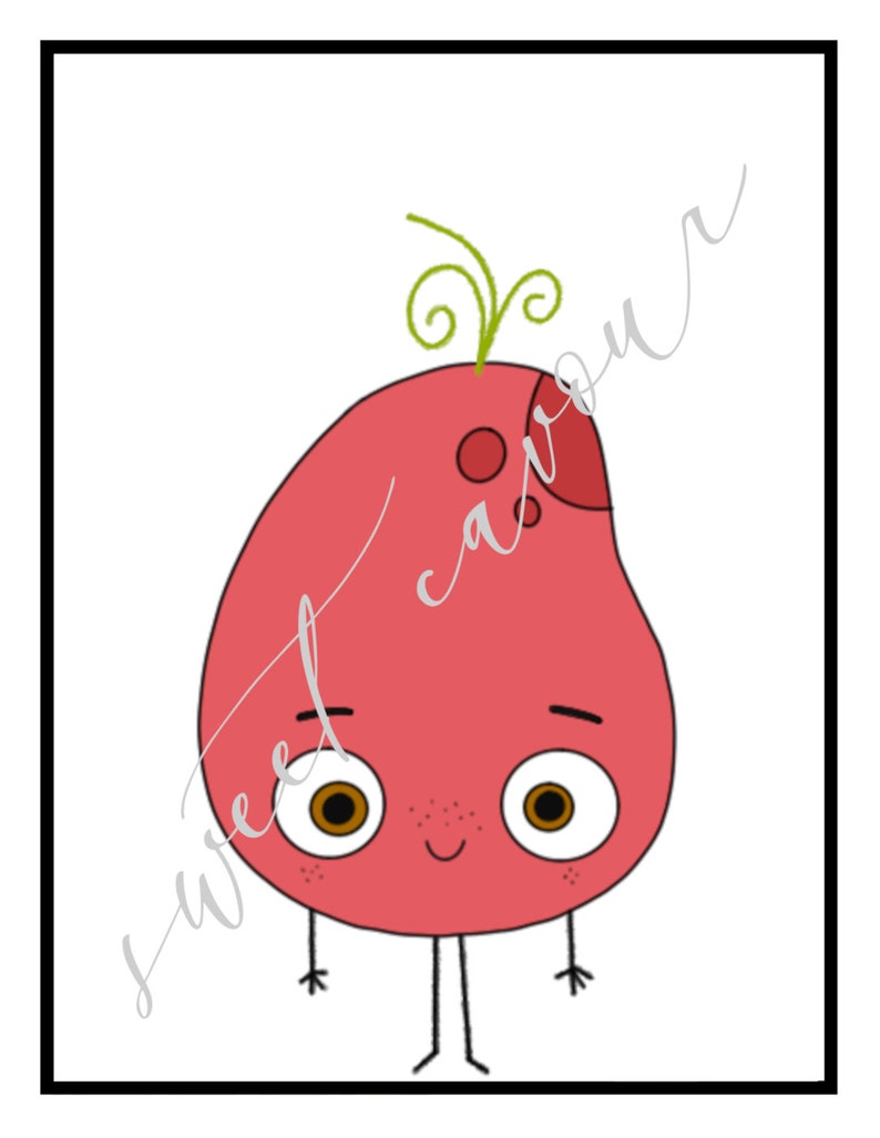 May include: A cartoon illustration of a red, pear-shaped character with a green stem, two brown eyes, and a small smile. The character has two small black legs and arms.
