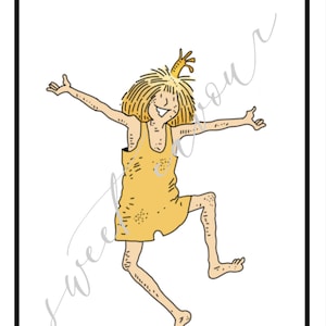 May include: A cartoon illustration of a person with blonde hair wearing a yellow jumpsuit and smiling while dancing with one leg raised.