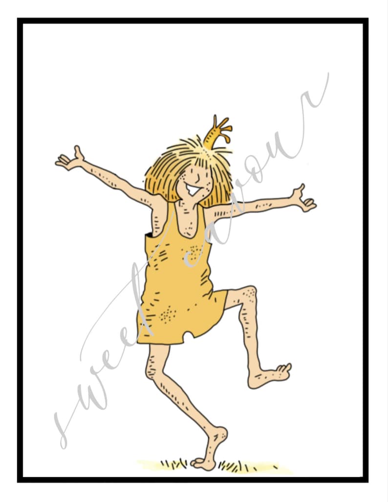 May include: A cartoon illustration of a person with blonde hair wearing a yellow jumpsuit and smiling while dancing with one leg raised.