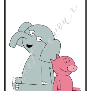 May include: A grey elephant with large eyes and a pink pig sitting next to it. Both animals are smiling.