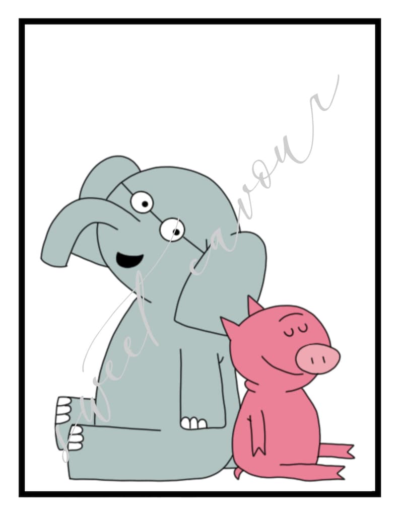 May include: A grey elephant with large eyes and a pink pig sitting next to it. Both animals are smiling.