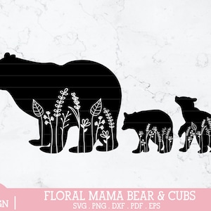 Bloemen mama beer svg, bloemen mama beer met welpen svg, mama beer baby beer svg, baby beer welpen svg, Moederdag mama beer SVG, png, pdf, dxf, cricut