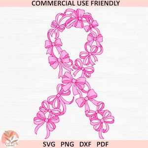 May include: Pink ribbon design composed of bows, with the text "COMMERCIAL USE FRIENDLY" at the top and "SVG PNG DXF PDF" at the bottom. The ribbon is a symbol of awareness.
