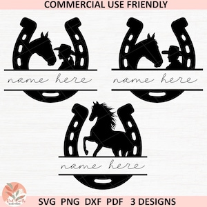 Puede incluir: Diseños de siluetas negras con herraduras, caballos y jinetes. Cada diseño incluye espacio para un nombre. El texto "name here" está escrito en cursiva. La imagen también incluye el texto "COMMERCIAL USE FRIENDLY" y "SVG PNG DXF PDF 3 DESIGNS".