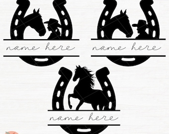 Horseshoe Name sign SVG laser cut template,Horseshoe split monogram bundle svg,Horse  cowgirl svg,Horse cowboy svg, Horse monogram frame svg