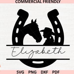 Hufeisen Namensschild SVG Laser geschnitten Vorlage, Hufeisen Split Monogramm Rahmen svg, Pferde und Cowgirl svg, Pferdemonogramm Rahmen svg, Pferdecowboy