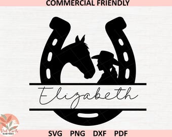 Puede incluir: Diseño de silueta negra con una herradura, una cabeza de caballo y una vaquera. El nombre "Elizabeth" está escrito en cursiva. La imagen está etiquetada como "Commercial Friendly" e incluye opciones de tipo de archivo: SVG, PNG, DXF y PDF.