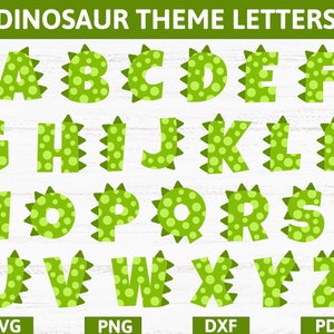 恐竜テーマの誕生日パーティーのスポットとスパイクの文字、恐竜Tレックスの文字アルファベットビニールデカールSVG、PNG、DXF、Pdf、cricut用、シルエット