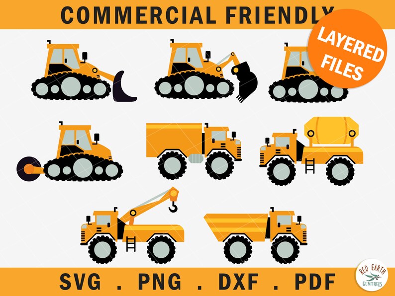 Pu&ograve; includere: Un set di otto illustrazioni di veicoli da costruzione gialli. I veicoli includono un bulldozer, una escavatrice, una betoniera, un camion ribaltabile, una gru e tre diversi tipi di trattori cingolati. Le illustrazioni sono stratificate e disponibili nei formati SVG, PNG, DXF e PDF.