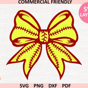 May include: A yellow and red softball bow with a stitched design. The bow is layered for easy cutting and layering.