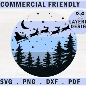 Santa slee SVG, Christmas santa SVG, kerstman slee SVG, rendieren santa slee, retro santa slee hemel svg, santa rendier nachtelijke hemel svg