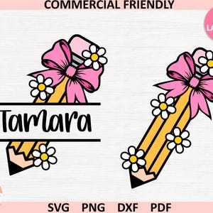 Trendy Lehrerin Png, Bleistiftsplit-Monogramm, Png, Bleistiftzeichnung, rosa Schleife, Lehrer Png,