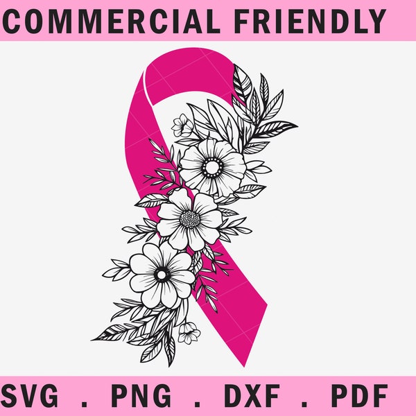 Cancer du sein SVG, ruban rose Cancer SVG, svg de sensibilisation au cancer, ruban, chemise de cancer du sein, ruban floral de cancer du sein, ruban de cancer de fleur