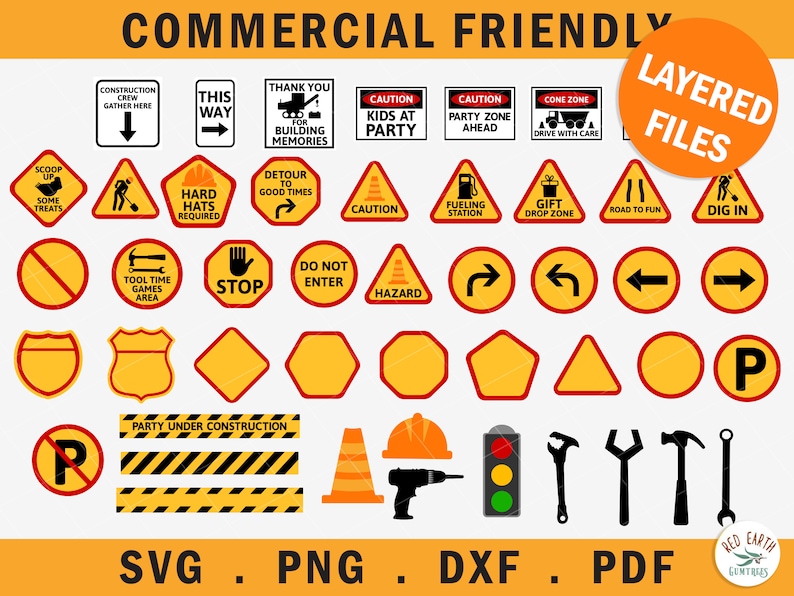 Pu&ograve; includere: Un set di 30 file di taglio SVG a tema edile, tra cui cartelli, strumenti e coni di segnalazione. I cartelli presentano strisce gialle e nere, bordi rossi e vari messaggi relativi all'edilizia. Gli strumenti includono un martello, una chiave inglese e un cacciavite. I coni di segnalazione sono arancioni e bianchi.