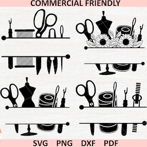 Bundle de couture cadre monogramme fractionné SVG | Ciseaux Fil d'aiguille Découd-vite Éléments de couture | Fichier de coupe Cricut PNG DXF | Décoration de salle de couture