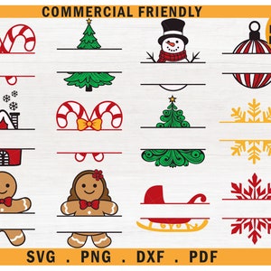 Op de afbeelding: Een verzameling kerstthema gelaagde ontwerpen in SVG-, PNG-, DXF- en PDF-formaten. De ontwerpen omvatten zuurstokken, een kerstboom, een sneeuwpop, ornamenten, sneeuwvlokken, een peperkoeken man en een slee.