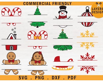 May include: A selection of Christmas-themed layered designs in SVG, PNG, DXF, and PDF formats. The designs include candy canes, a Christmas tree, a snowman, ornaments, snowflakes, a gingerbread person, and a sleigh.