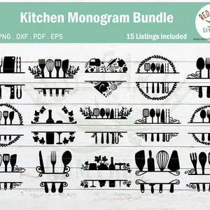 Küchen Monogramm Rahmen Bundle, Backmonogramm, Wein Monogramm, Grill Monogramm, Löffel Gabel SVG, PNG, Eps, DXF, Pdf Cricut, Silhouette Studio, Schnittdatei