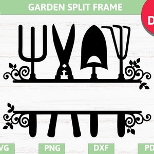 Garden and farm split monogram frame, garden spade fork, rake, scissors SVG, PNG, EPS,Pdf,Dxf cricut,silhouette studio, cut file,vinyl decal