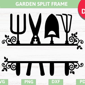 Cadre monogramme divisé jardin et ferme, fourche bêche de jardin, râteau, ciseaux SVG, PNG, EPS, Pdf, Dxf cricut, studio de silhouette, fichier coupé, sticker vinyle