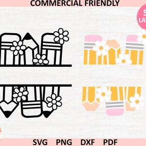 Pu&ograve; includere: Un file di progettazione digitale per un file di taglio SVG a strati di un monogramma a matita. Il design presenta tre matite con fiori e uno spazio per monogramma diviso. Il design &egrave; disponibile in bianco e nero e giallo e rosa.
