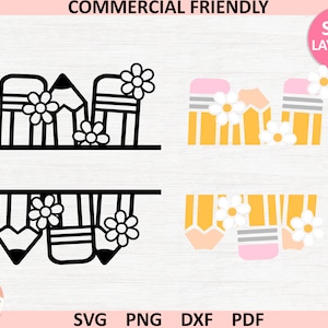 May include: A digital design file for a layered SVG cut file of a pencil monogram. The design features three pencils with flowers and a split monogram space. The design is available in black and white and yellow and pink.