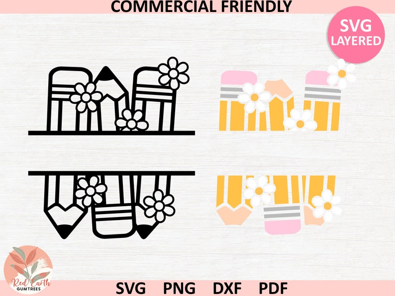 May include: A digital design file for a layered SVG cut file of a pencil monogram. The design features three pencils with flowers and a split monogram space. The design is available in black and white and yellow and pink.