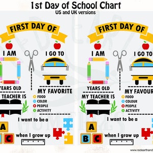 Modelo de gráfico do primeiro dia de aula, versões EUA e Reino Unido, gráfico do primeiro dia de aula, ônibus escolar, maçãs SVG, PNG, EPS, DXF, PDF Cricut, Silhouette Studio