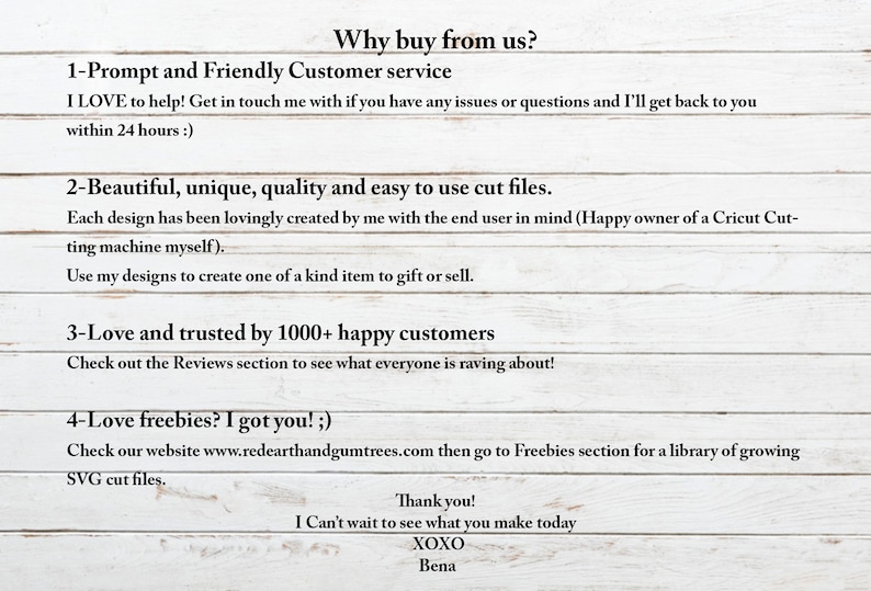 May include: Text on a woodgrain background explaining why to buy from this Etsy shop. The text says "Why buy from us?" and lists four reasons: prompt and friendly customer service, beautiful, unique, quality and easy to use cut files, love and trusted by 1000+ happy customers, and love freebies? I got you! ;).