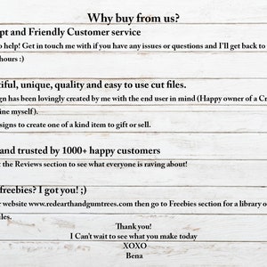 May include: Text on a woodgrain background explaining why to buy from this Etsy shop. The text includes information about prompt customer service, unique and easy-to-use cut files, a large customer base, and freebies.