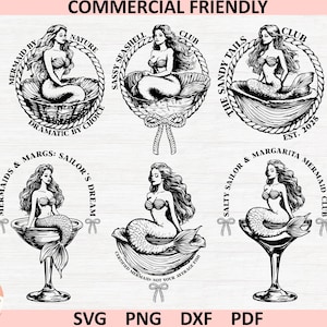 Vintage Meerjungfrau SVG PNG Bundle, Retro Meerjungfrau T-Shirt Sublimation, Ozean ästhetische Clipart, nautische Meeressirene Schnittdatei, Sailor Meerjungfrau svg