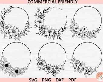 花輪 SVG、花輪 SVG、月桂冠 SVG、ウェディング フラワー フレーム SVG、花のモノグラム SVG、円形フレーム SVG、花輪、花のフレーム SVG