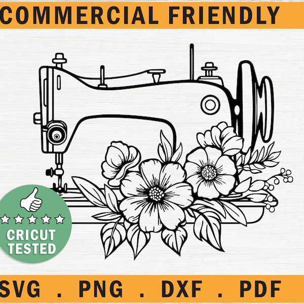 Machine à coudre avec fleurs, cadre monogramme à coudre, svg floral machine à coudre, machine à coudre fleurs, éléments de couture SVG, PNG, DXF, couturière svg