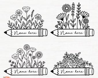 matita con fiori selvatici in formato SVG, matita con nome personalizzato con fiori in formato SVG, pacchetto di matite floreali in formato SVG, matita con fiori, pacchetto di fiori selvatici in formato SVG, monogramma dell'insegnante