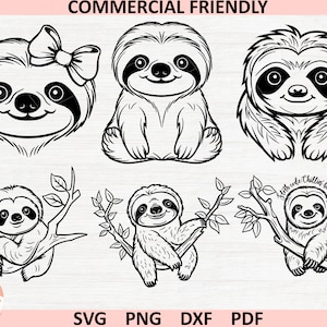 Peut inclure: Un ensemble de quatre illustrations de paresseux en noir et blanc. Un paresseux porte un nœud, un autre est assis droit et deux sont suspendus à des branches. Le texte "Sloth code: Chillin' beats thrillin'" est inclus dans l'image.