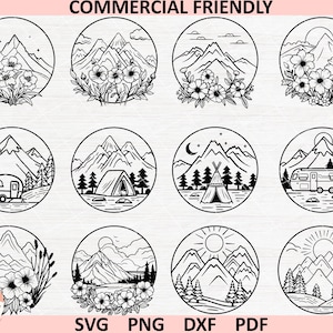 Berg Szene Bundle svg, Waldlandschaft svg, geometrische Berg Laser-Schnitt-Datei, Waldsilhouette, Camping svg, Anhänger van svg, Wandern svg
