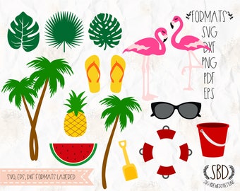 Summer collection, tropical, flamingo, beach SVG, PNG, EPS, Pdf, Dxf for cricut, silhouette studio, cut file, vinyl decal, t shirt design