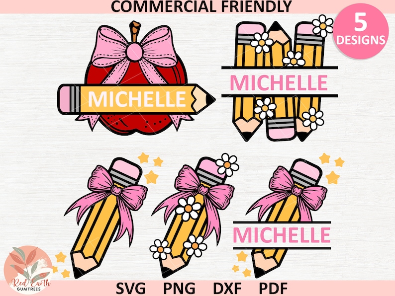 May include: Five different designs of a personalized school-themed name graphic featuring a red apple, pencils, and a pink bow. The name "Michelle" is displayed on each design.