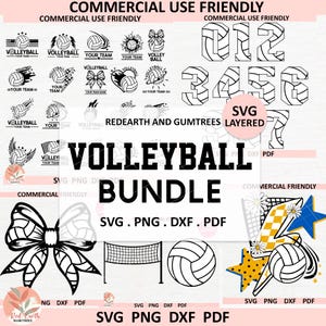 May include: A black and white volleyball bundle featuring diverse designs such as volleyballs, nets, and numbers. The text "VOLLEYBALL BUNDLE" is clearly visible. Includes SVG, PNG, DXF, and PDF formats.