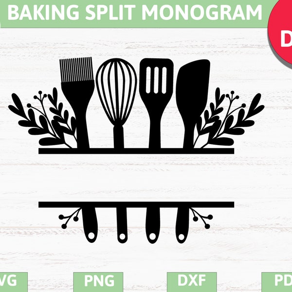 Kitchen baking split monogram frame, rustic kitchen bake monogram decal SVG, PNG, Eps, DXF,Pdf cricut,silhouette studio,cut file,vinyl decal