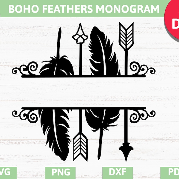 Arrows and Feathers split monogram frame, Boho arrows feather frame, SVG,PNG, EPS, Dxf, Pdf cricut,silhouette studio,cut file,vinyl decal
