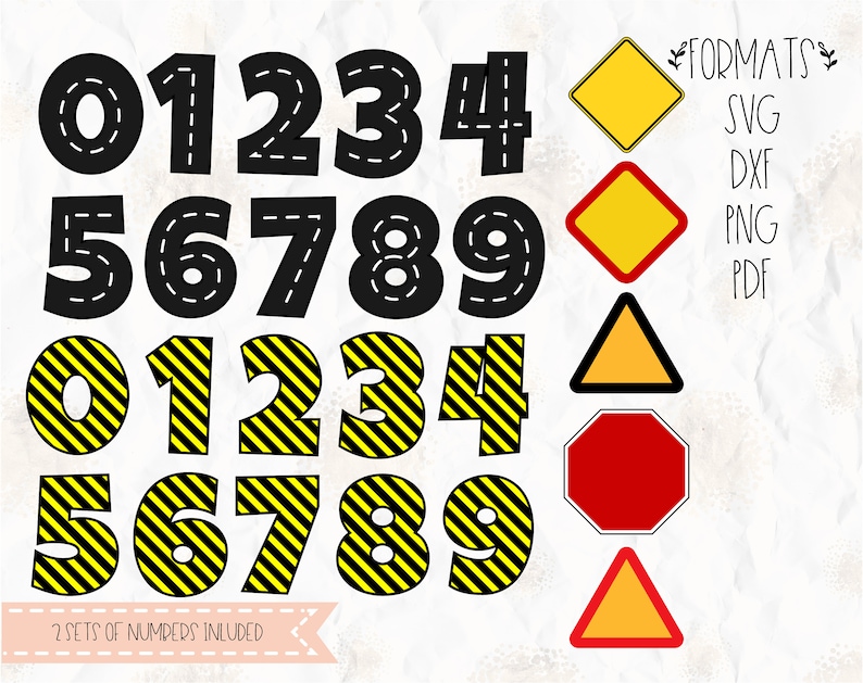 May include: Two sets of black numbers 0-9, one set with a black road texture and one set with yellow and black stripes. The numbers are in a bold, rounded font. There are also four road signs in the image: a yellow diamond, a yellow diamond with a red border, a yellow triangle with an orange interior, and a red octagon.