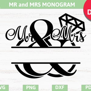 ミスターとミセスの結婚指輪、ウェディングサインのデカール、ミスターとミセスのスプリットモノグラム SVG、PNG、DXF、Pdf、Eps クリカット、シルエットスタジオ、ビニールデカール、カットファイル