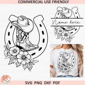 May include: Black and white graphic of a cowboy boot, hat, and flowers inside a horseshoe. The image includes the text "COMMERCIAL USE FRIENDLY" and "SVG PNG DXF PDF".