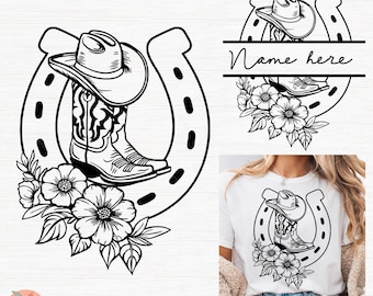 Floral Horseshoe Name sign SVG,Horseshoe split monogram frame,Horse and cowgirl svg,Horse monogram frame svg,Horse cowboy,cowgirl boots hat