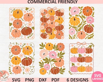 Retro Floral Pumpkins SVG Bundle, Fall autumn coquette Pumpkin Sublimation PNG, Farmhouse Autumn SVG, Halloween Shirt Design, Commercial Use