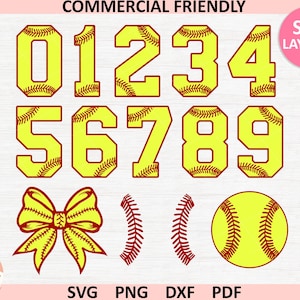 May include: A set of yellow and red softball numbers, 0 through 9, with a red bow, two red wreaths, and a yellow and red softball. The text "SVG LAYERED" is in the upper right corner of the image. The text "COMMERCIAL FRIENDLY" is at the top of the image. The text "SVG PNG DXF PDF" is at the bottom of the image.